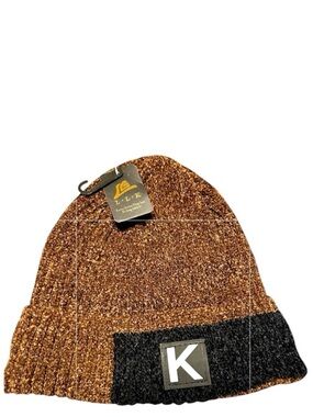 Unisex L.L.K Brown & Black Faux Leather “K” Patch Beanie with Faux Fur Lining